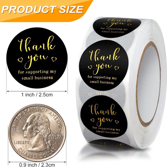 500ct Thank You Round Stickers, 1 inch, Black/Gold - Picture 2 of 2